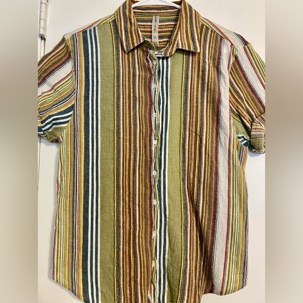 Banjara Needlework Shirt- Made in India-Rolled Short Sleeves- Shell-like Buttons